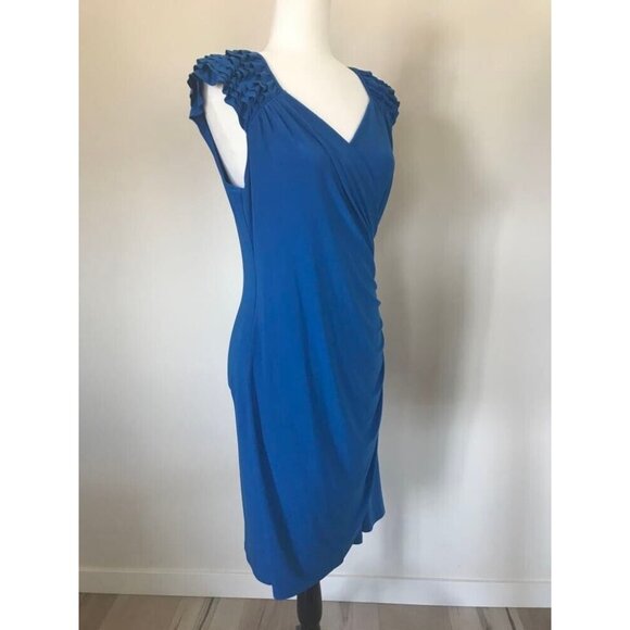 FRANK LYMAN Ruffled Cap Sleeve Dress Size 10 Royal Blue Ruched Waist Stretchy - Picture 3 of 8
